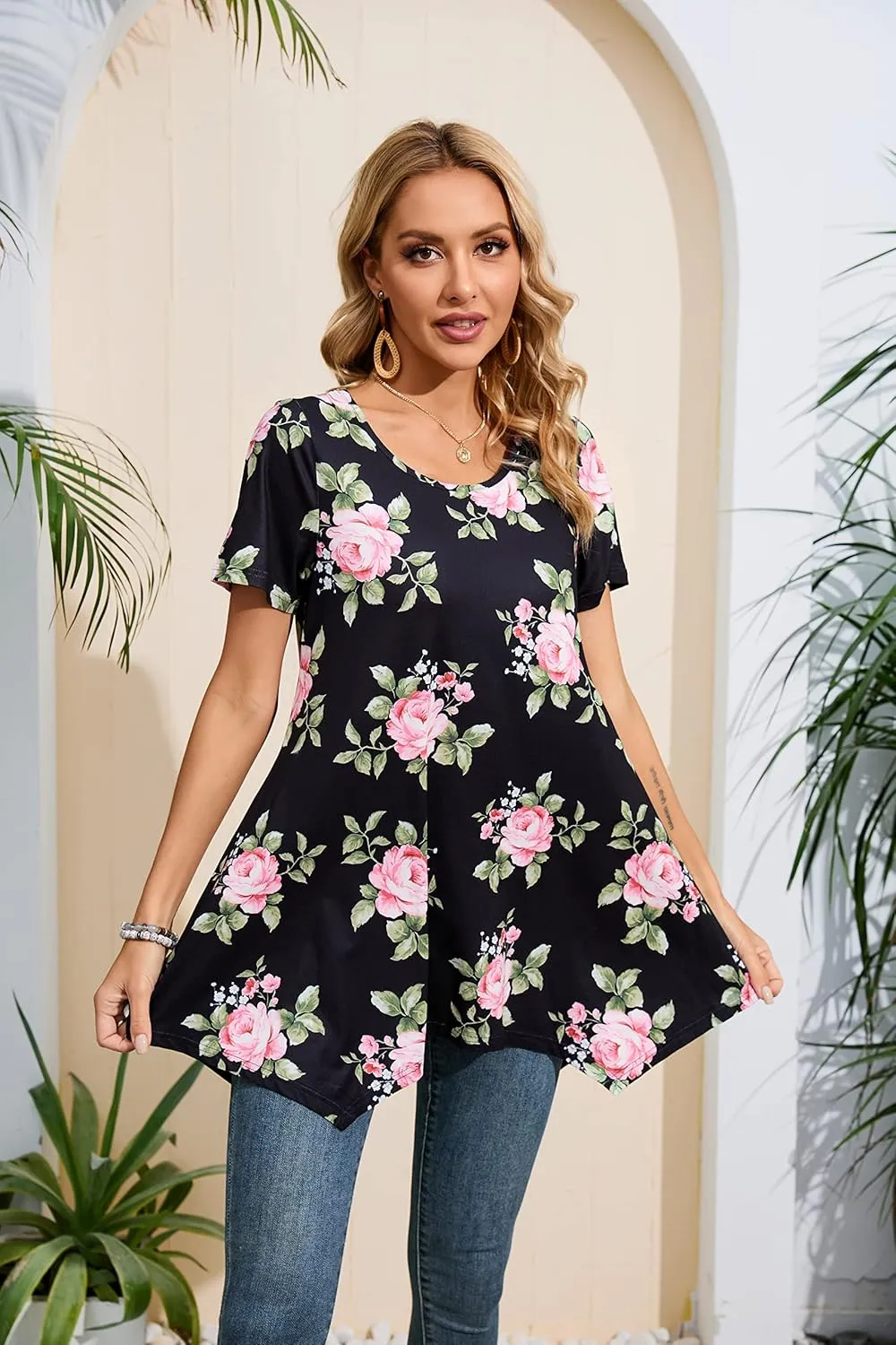ENMAIN Tunic Tops for Women Plus Size Short Sleeve Top Loose Fit Dressy Casual Swing Summer Tunics Tops to Wear with Leggings