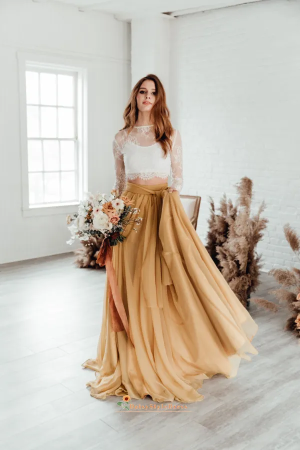Fashion Two Piece Long Sleeve Lace Champagne Wedding Dress