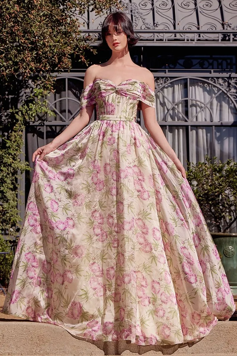 FLORAL PRINTED OFF THE SHOULDER A-LINE DRESS