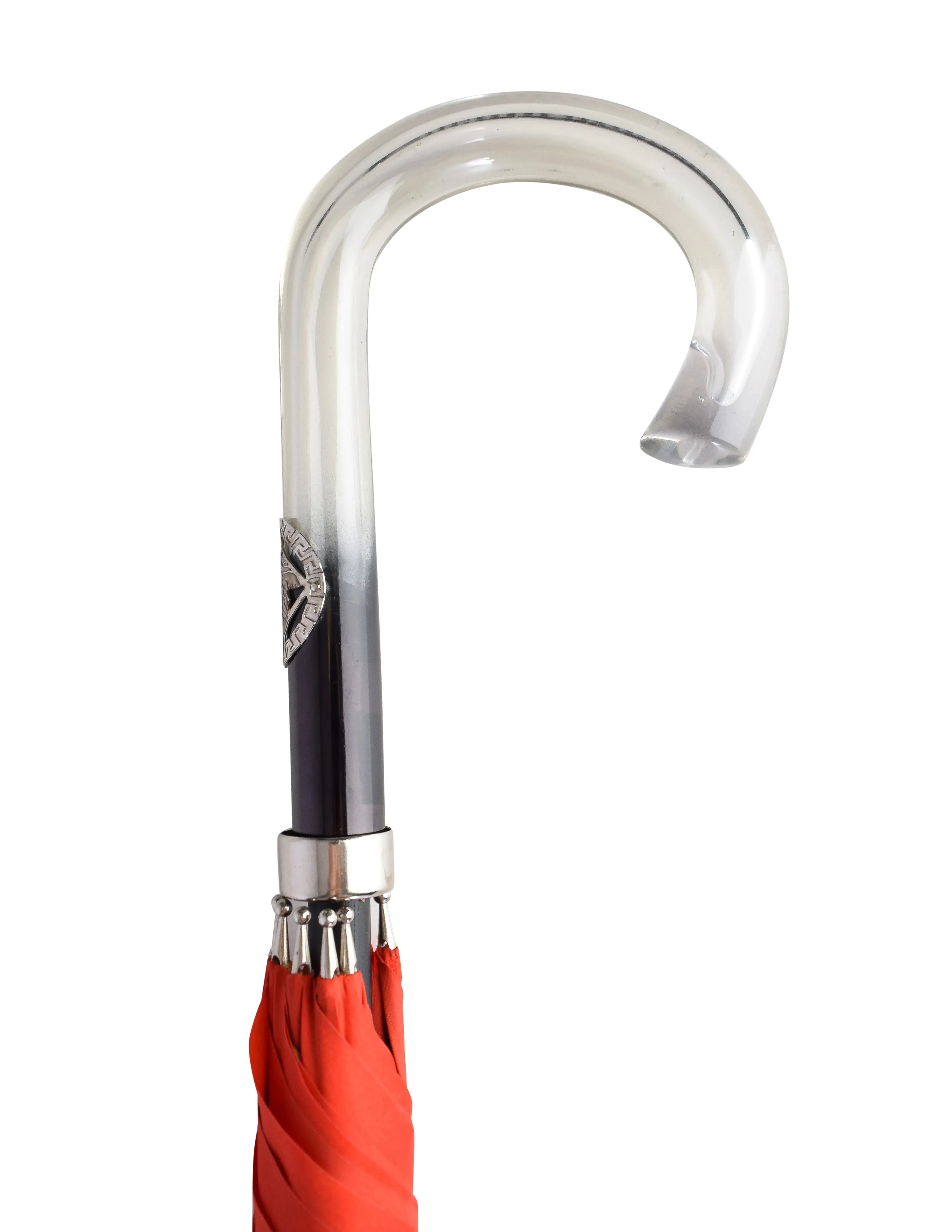 Gianni Versace Vintage Red Gold Medusa Baroque Print Lucite Handle Umbrella