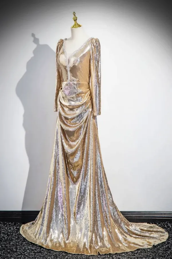 Gold Sequins Long Prom Dress, Shiny V Neck Long Sleeve Evening Party Dress PFP2740