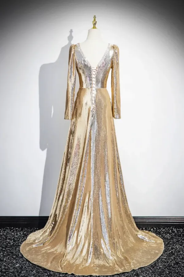 Gold Sequins Long Prom Dress, Shiny V Neck Long Sleeve Evening Party Dress PFP2740