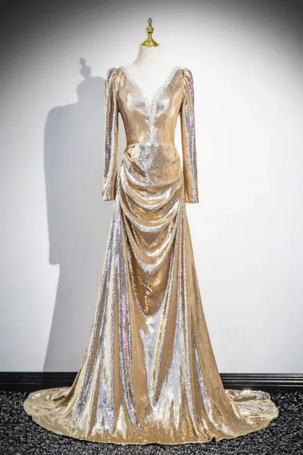 Gold Sequins Long Prom Dress, Shiny V Neck Long Sleeve Evening Party Dress PFP2740