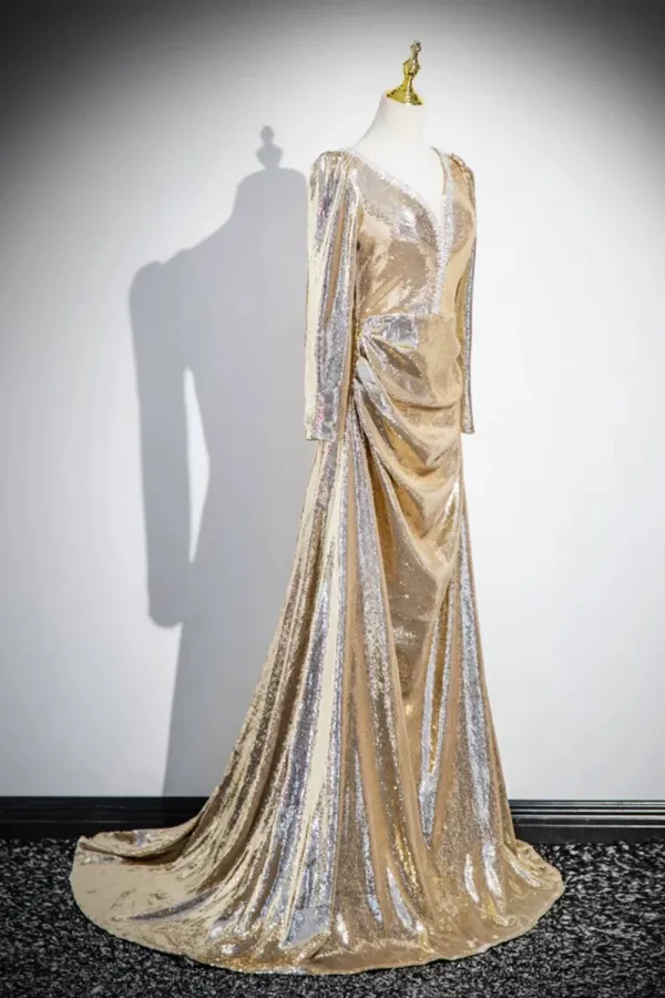 Gold Sequins Long Prom Dress, Shiny V Neck Long Sleeve Evening Party Dress PFP2740