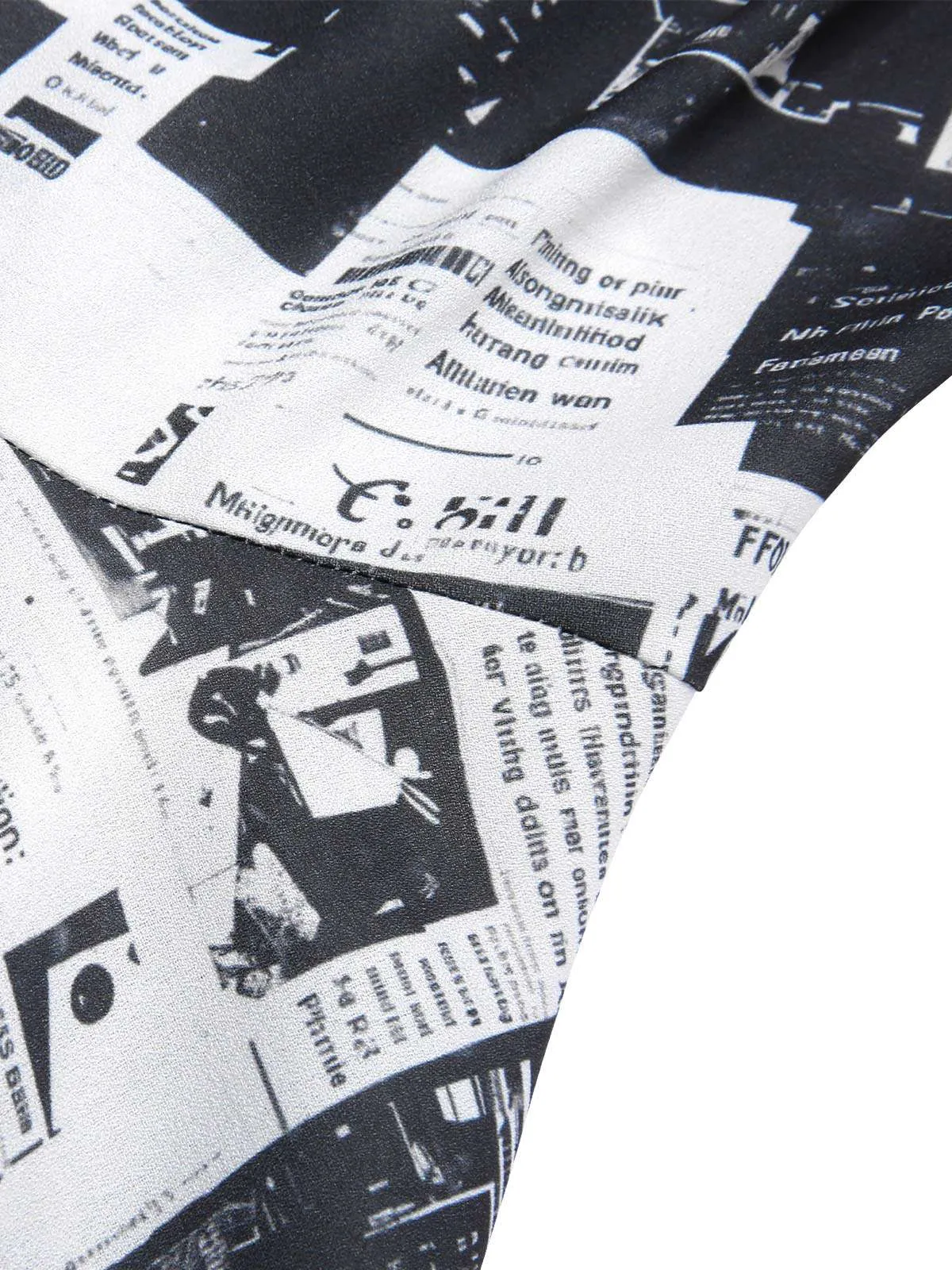 Gray 1970s Spaghetti Straps Cowl Neck Newspaper Dress