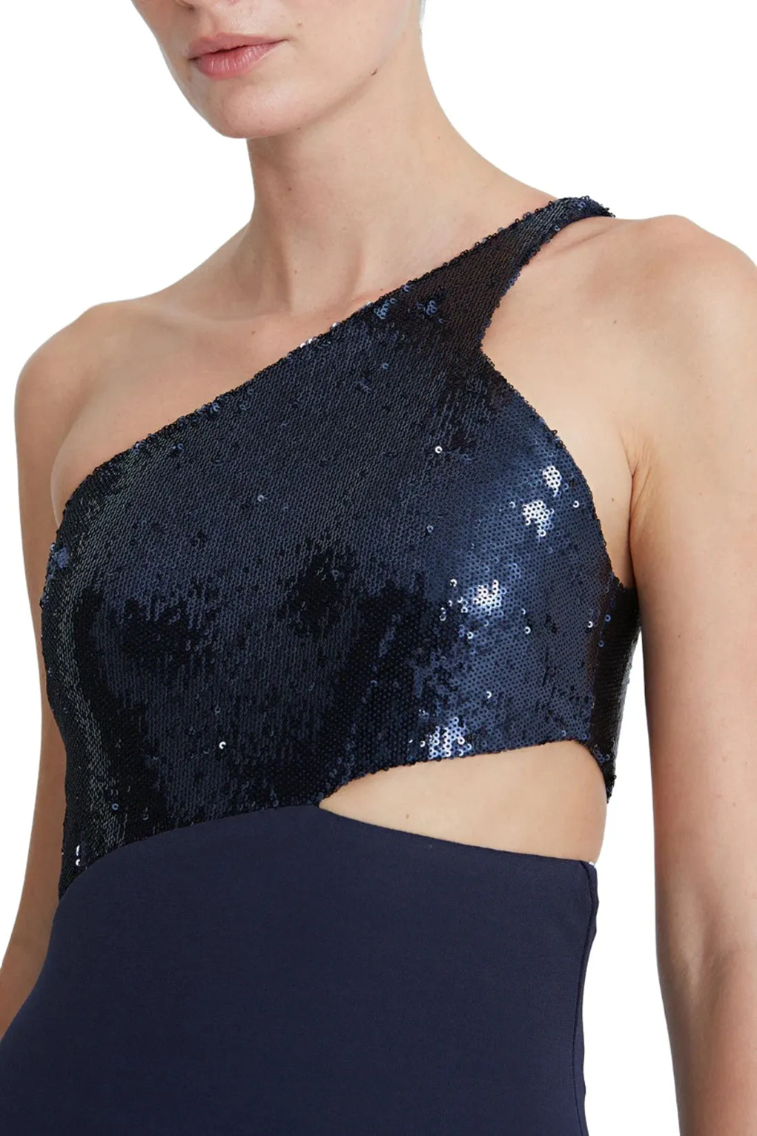 Halston one shoulder sleeveless zipper closure cut out waist matte jersey gown with sequined bodice