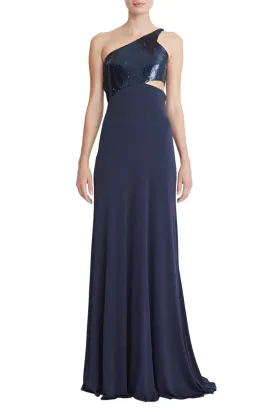 Halston one shoulder sleeveless zipper closure cut out waist matte jersey gown with sequined bodice