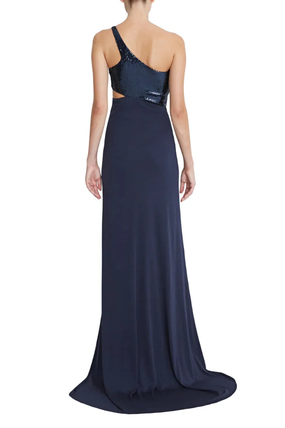 Halston one shoulder sleeveless zipper closure cut out waist matte jersey gown with sequined bodice
