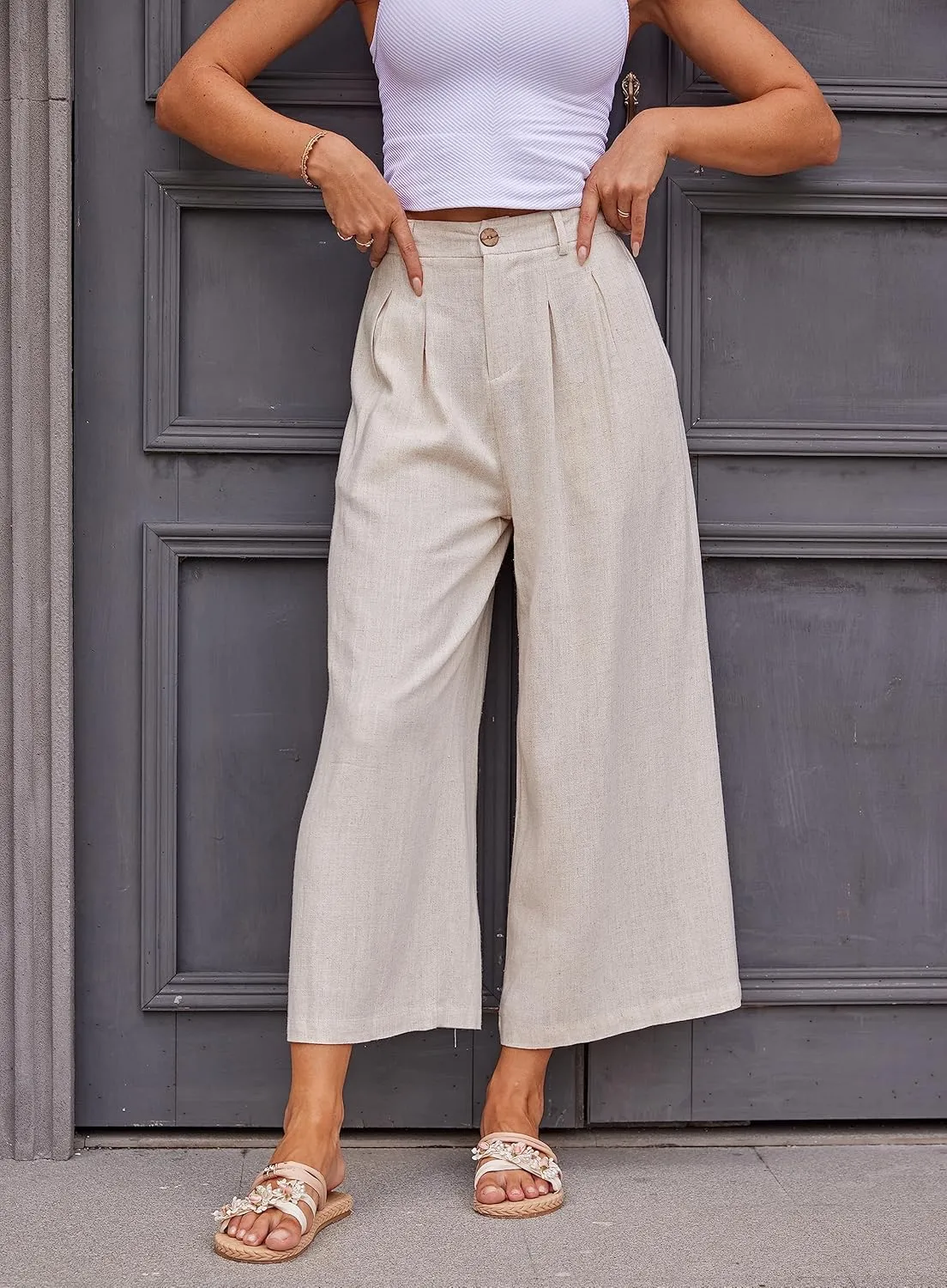heipeiwa Women's Summer Capris Cotton Linen Pants Wide Leg Palazzo Culottes Pants Linen Casual Dress Flowy Pant