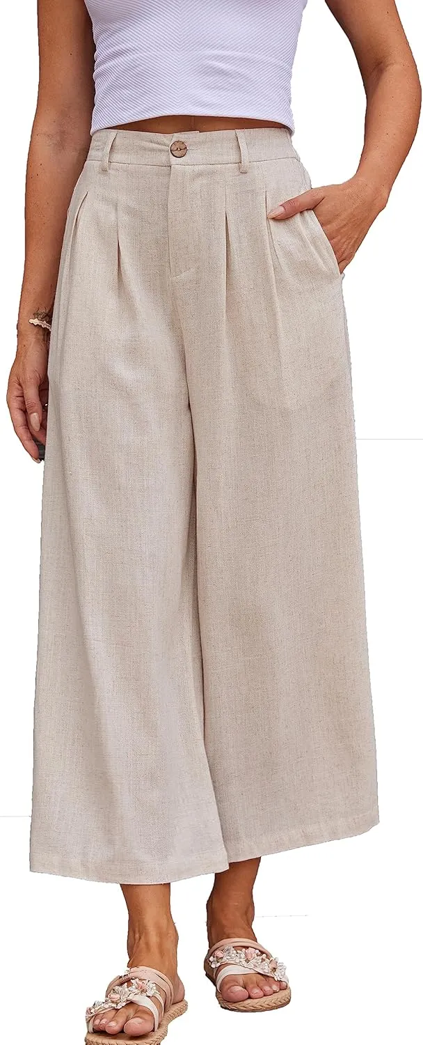 heipeiwa Women's Summer Capris Cotton Linen Pants Wide Leg Palazzo Culottes Pants Linen Casual Dress Flowy Pant