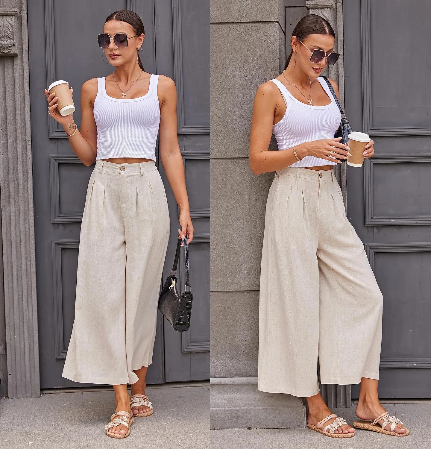 heipeiwa Women's Summer Capris Cotton Linen Pants Wide Leg Palazzo Culottes Pants Linen Casual Dress Flowy Pant