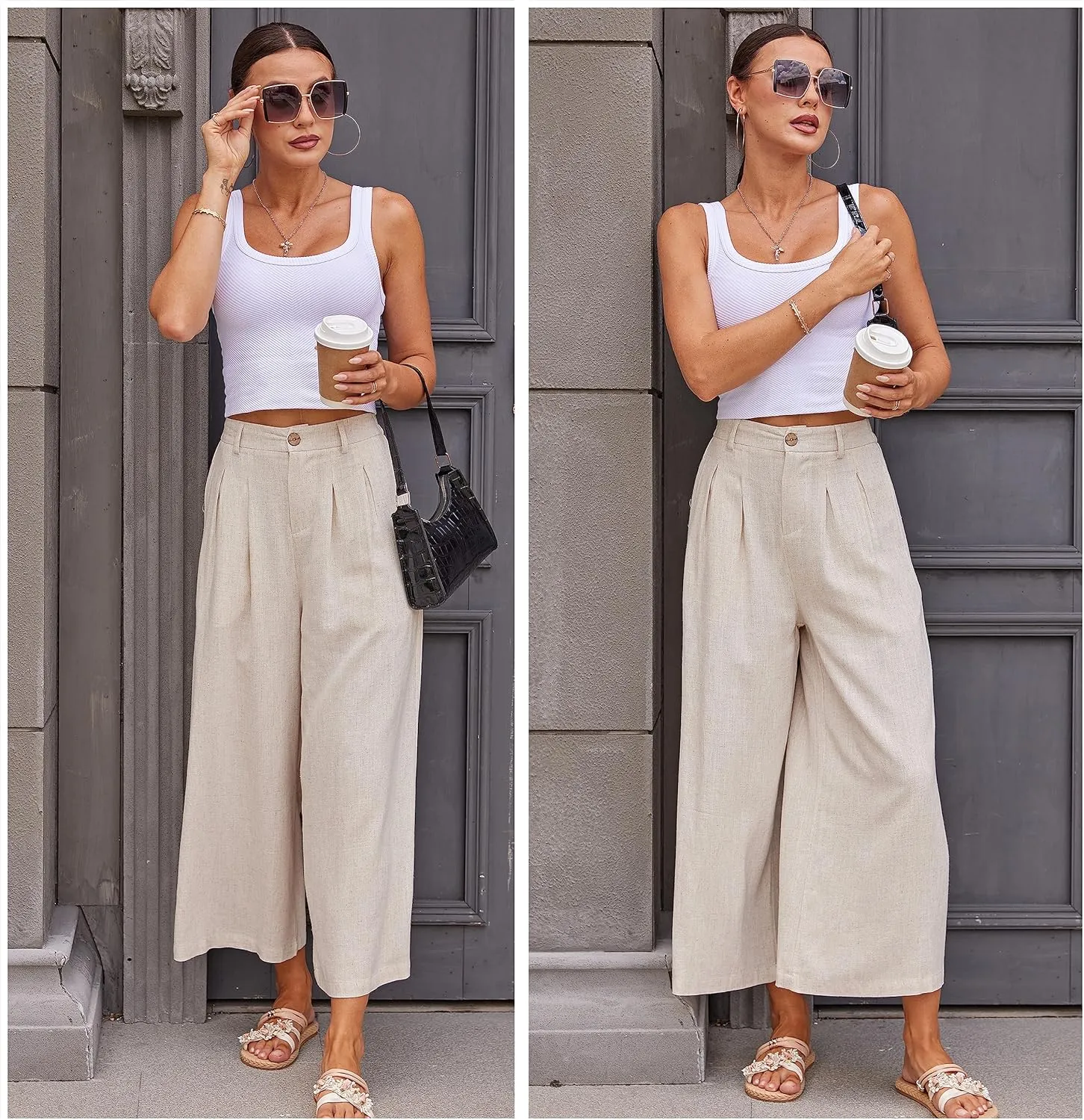 heipeiwa Women's Summer Capris Cotton Linen Pants Wide Leg Palazzo Culottes Pants Linen Casual Dress Flowy Pant