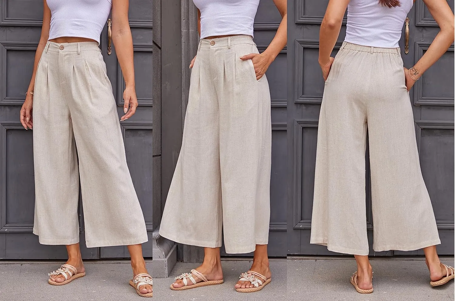 heipeiwa Women's Summer Capris Cotton Linen Pants Wide Leg Palazzo Culottes Pants Linen Casual Dress Flowy Pant