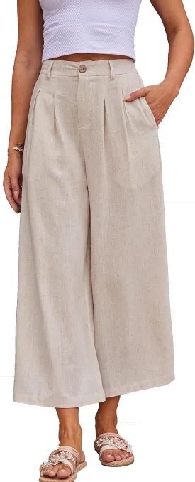 heipeiwa Women's Summer Capris Cotton Linen Pants Wide Leg Palazzo Culottes Pants Linen Casual Dress Flowy Pant