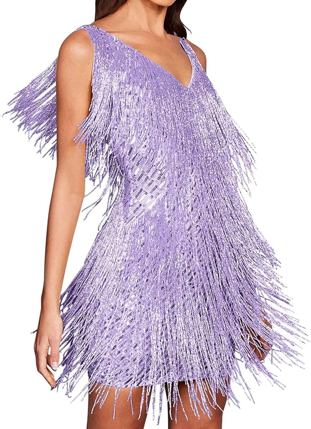houstil Women 1920s Sequin Dress V Neck Flapper Gatsby Homecoming Dresses Fringe Wedding Club Party Evening Gown