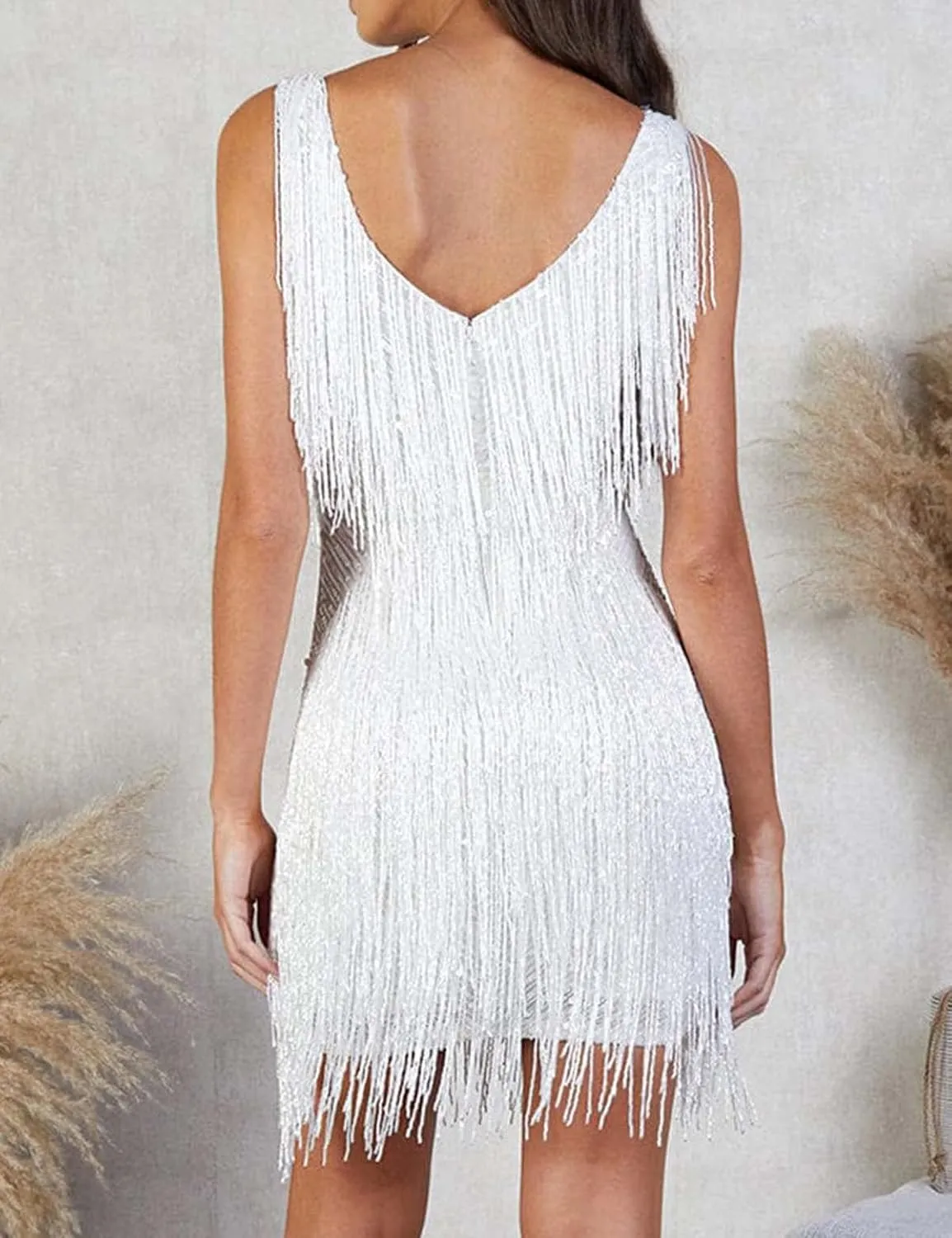 houstil Women 1920s Sequin Dress V Neck Flapper Gatsby Homecoming Dresses Fringe Wedding Club Party Evening Gown