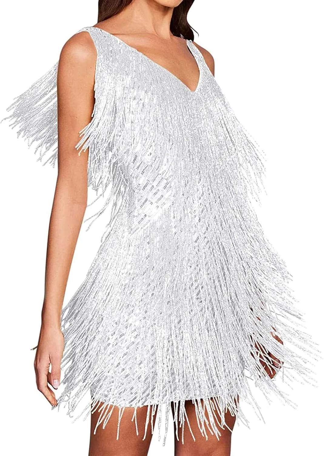 houstil Women 1920s Sequin Dress V Neck Flapper Gatsby Homecoming Dresses Fringe Wedding Club Party Evening Gown