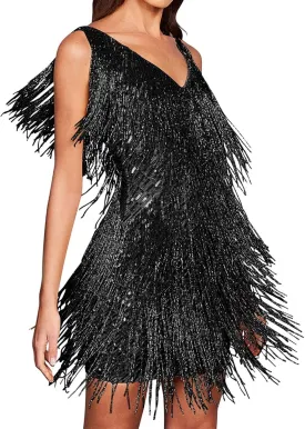 houstil Women 1920s Sequin Dress V Neck Flapper Gatsby Homecoming Dresses Fringe Wedding Club Party Evening Gown