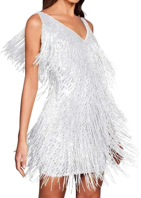 houstil Women 1920s Sequin Dress V Neck Flapper Gatsby Homecoming Dresses Fringe Wedding Club Party Evening Gown