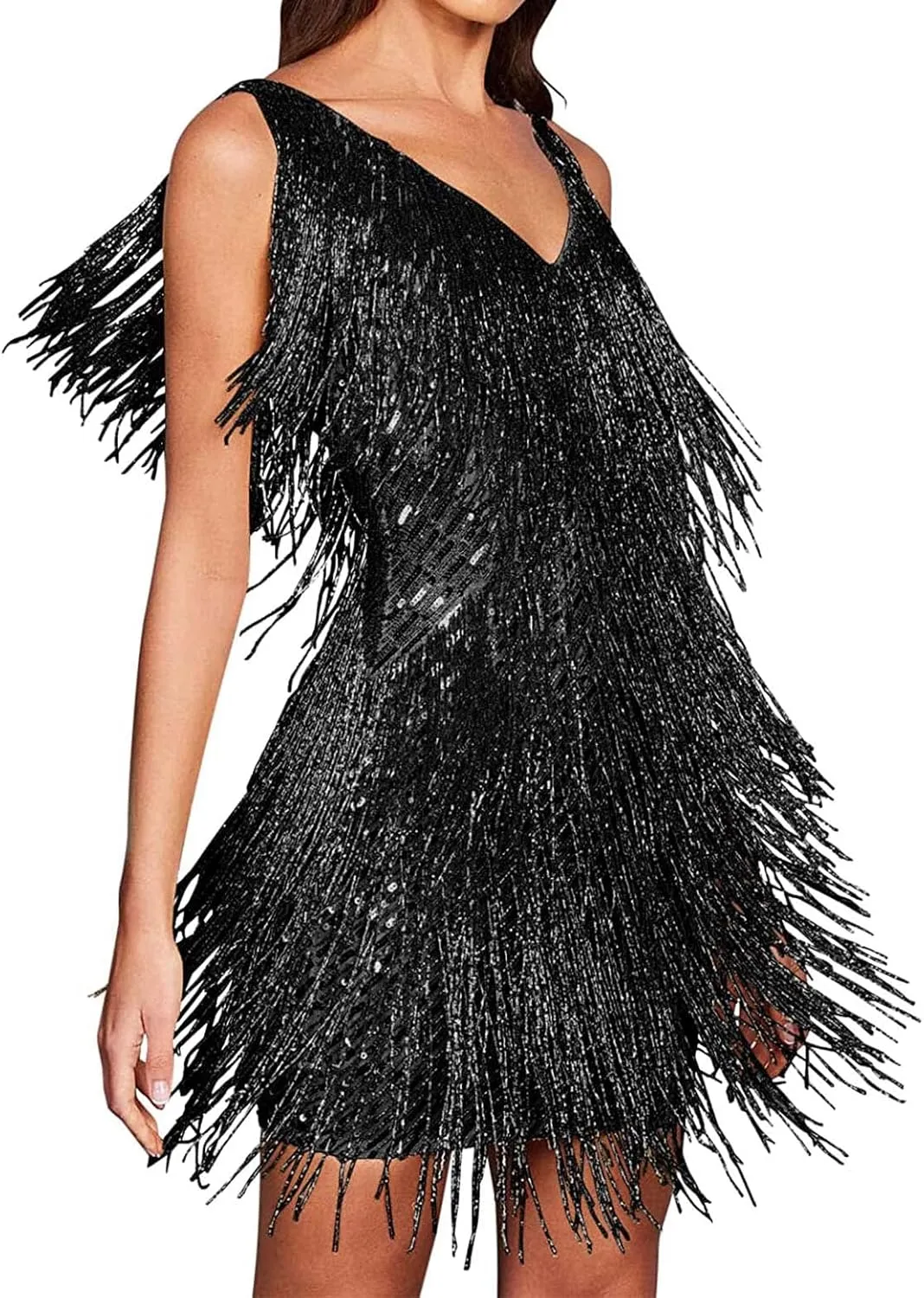 houstil Women 1920s Sequin Dress V Neck Flapper Gatsby Homecoming Dresses Fringe Wedding Club Party Evening Gown