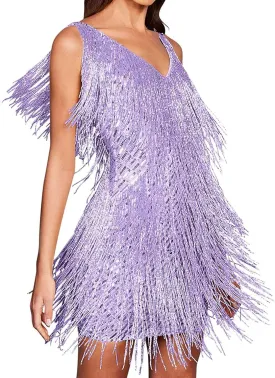 houstil Women 1920s Sequin Dress V Neck Flapper Gatsby Homecoming Dresses Fringe Wedding Club Party Evening Gown