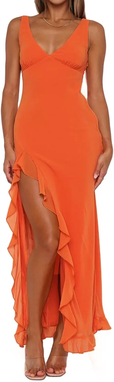 houstil Women's Casual Summer Dress Strap Ruffle Beach Party Maxi Cocktail Evening Holiday Wedding Guest Dresses