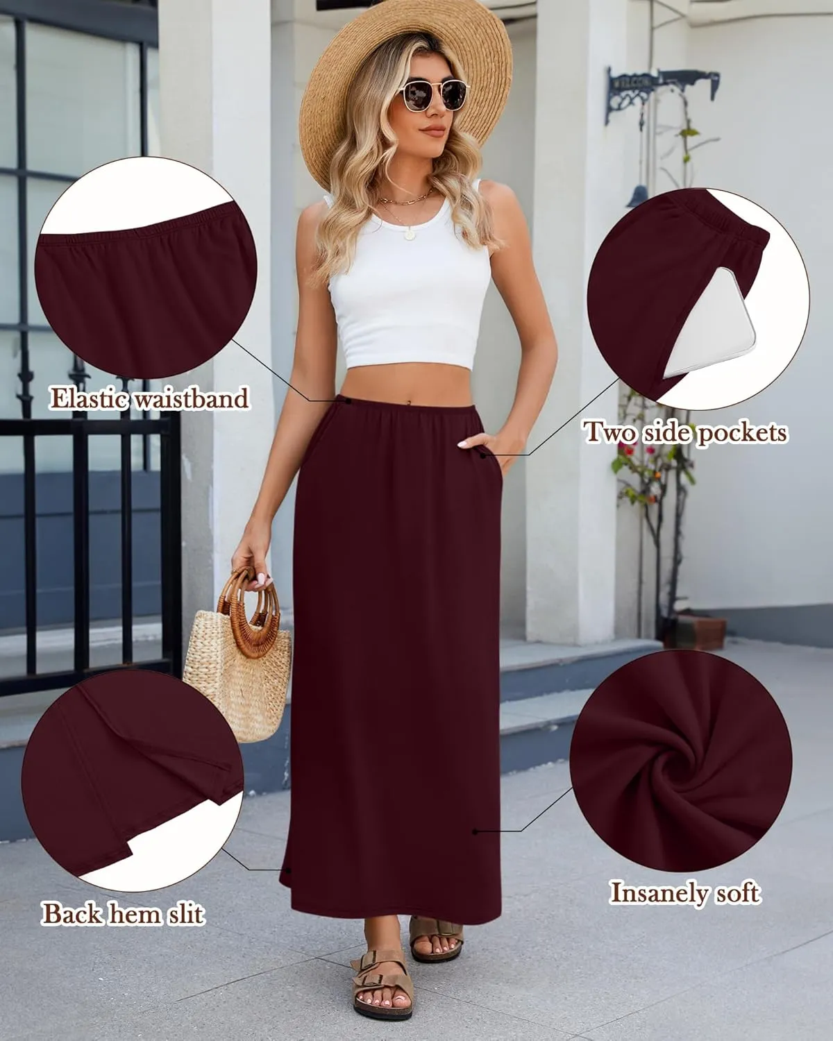 Huukeay 3 Pack Long Maxi Skirts for Women, Back Slit Ankle Length Casual Skirts Elastic Waist Soft Pencil Skirts with Pockets