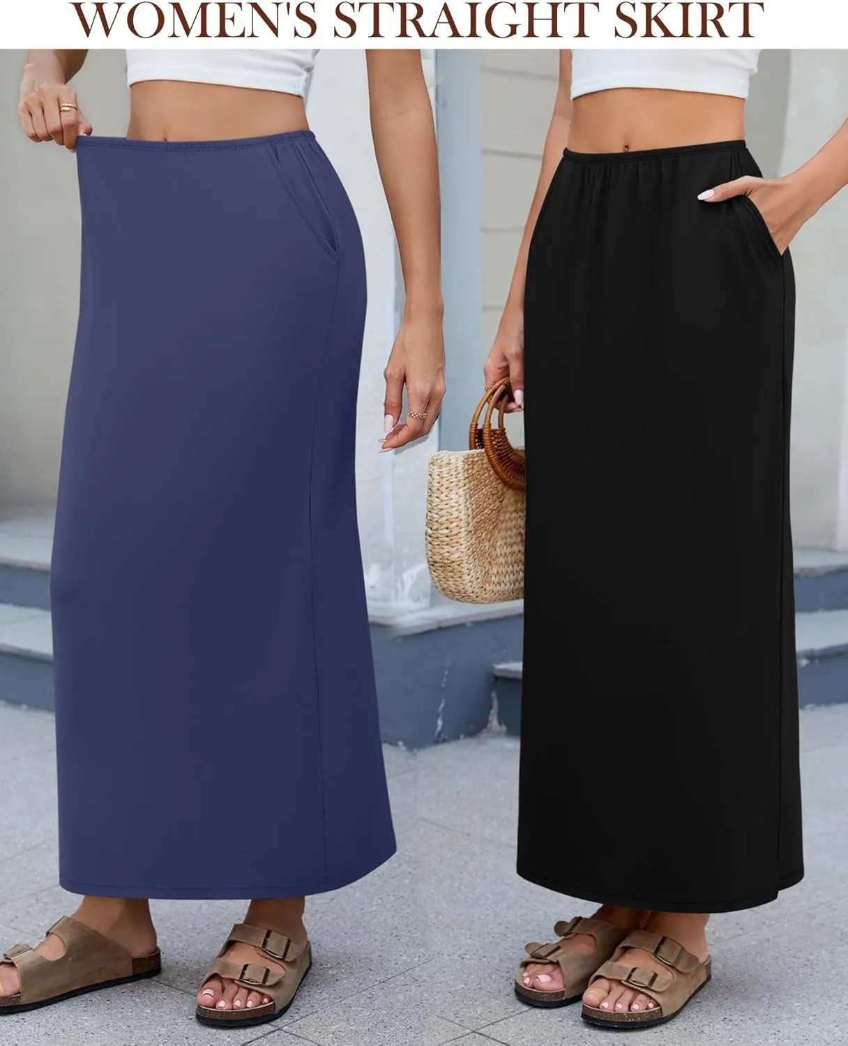 Huukeay 3 Pack Long Maxi Skirts for Women, Back Slit Ankle Length Casual Skirts Elastic Waist Soft Pencil Skirts with Pockets