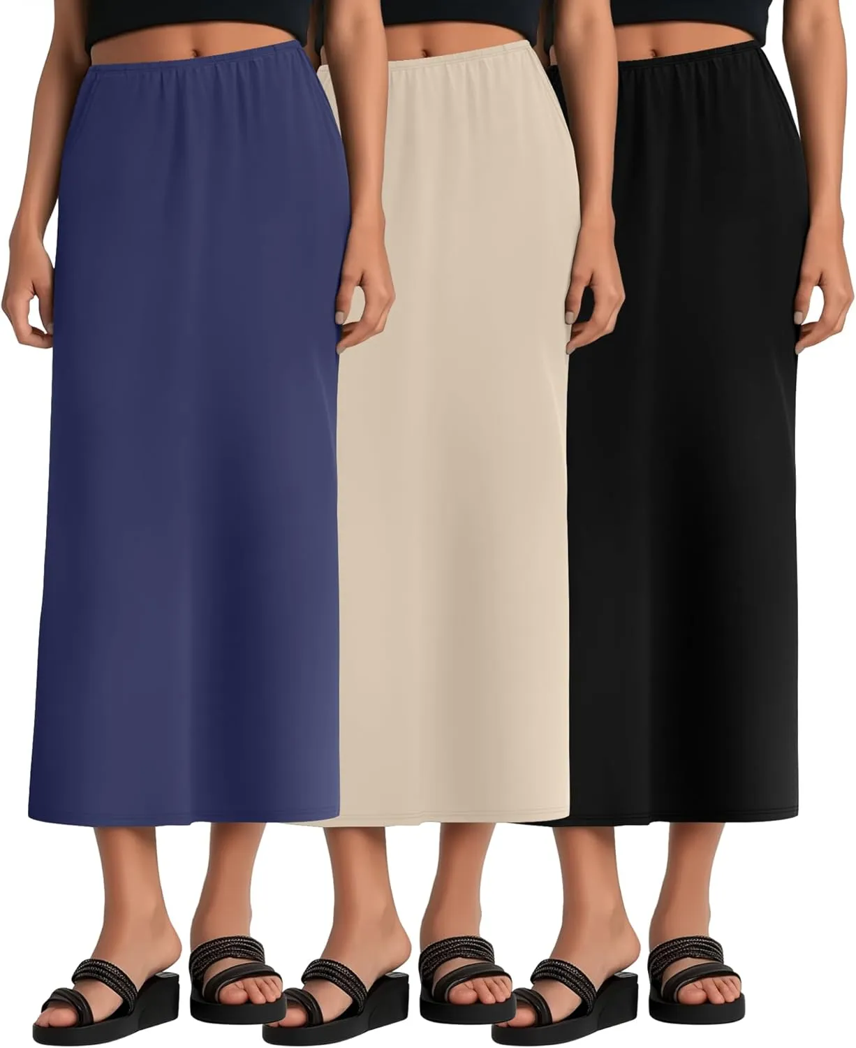 Huukeay 3 Pack Long Maxi Skirts for Women, Back Slit Ankle Length Casual Skirts Elastic Waist Soft Pencil Skirts with Pockets