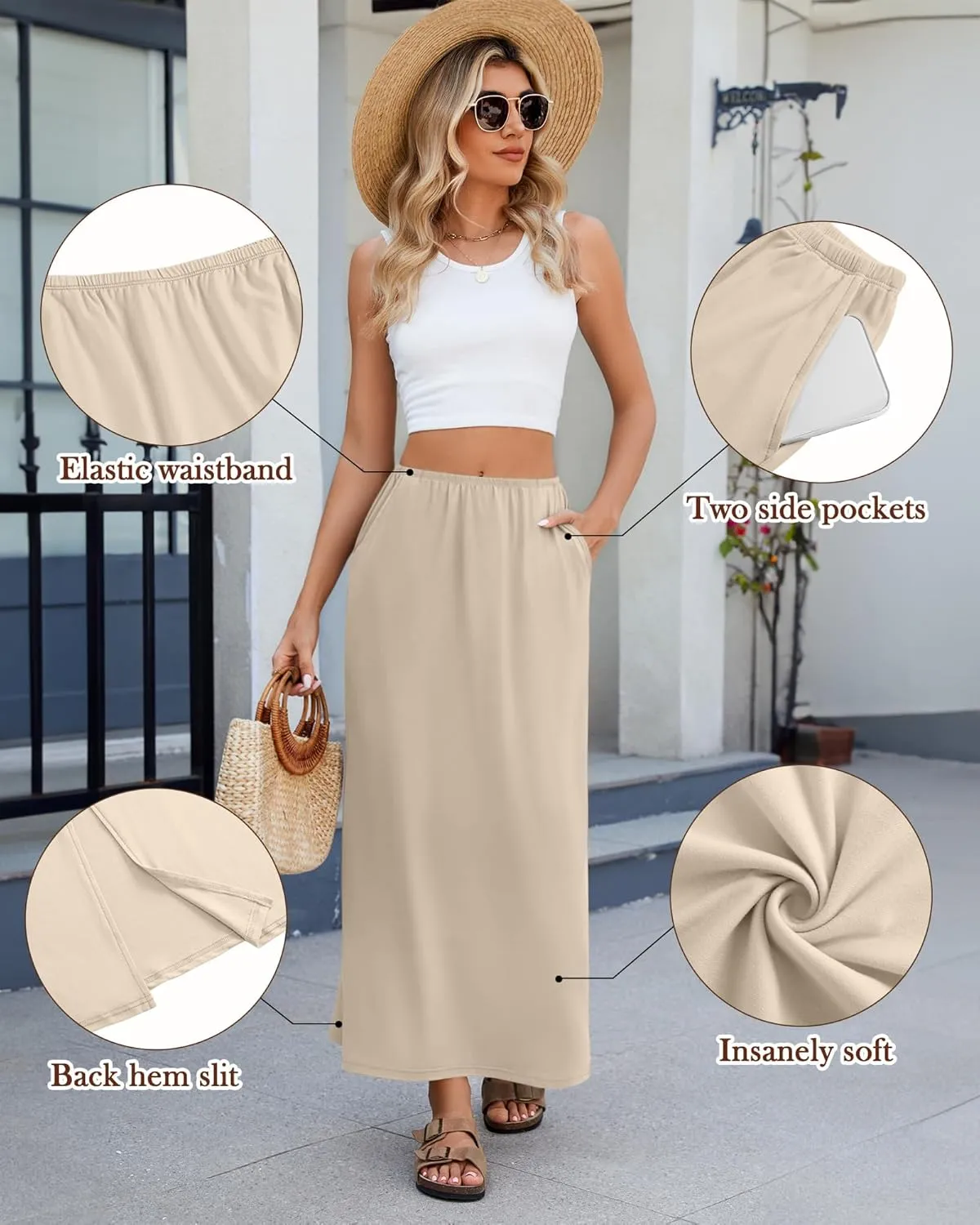 Huukeay 3 Pack Long Maxi Skirts for Women, Back Slit Ankle Length Casual Skirts Elastic Waist Soft Pencil Skirts with Pockets