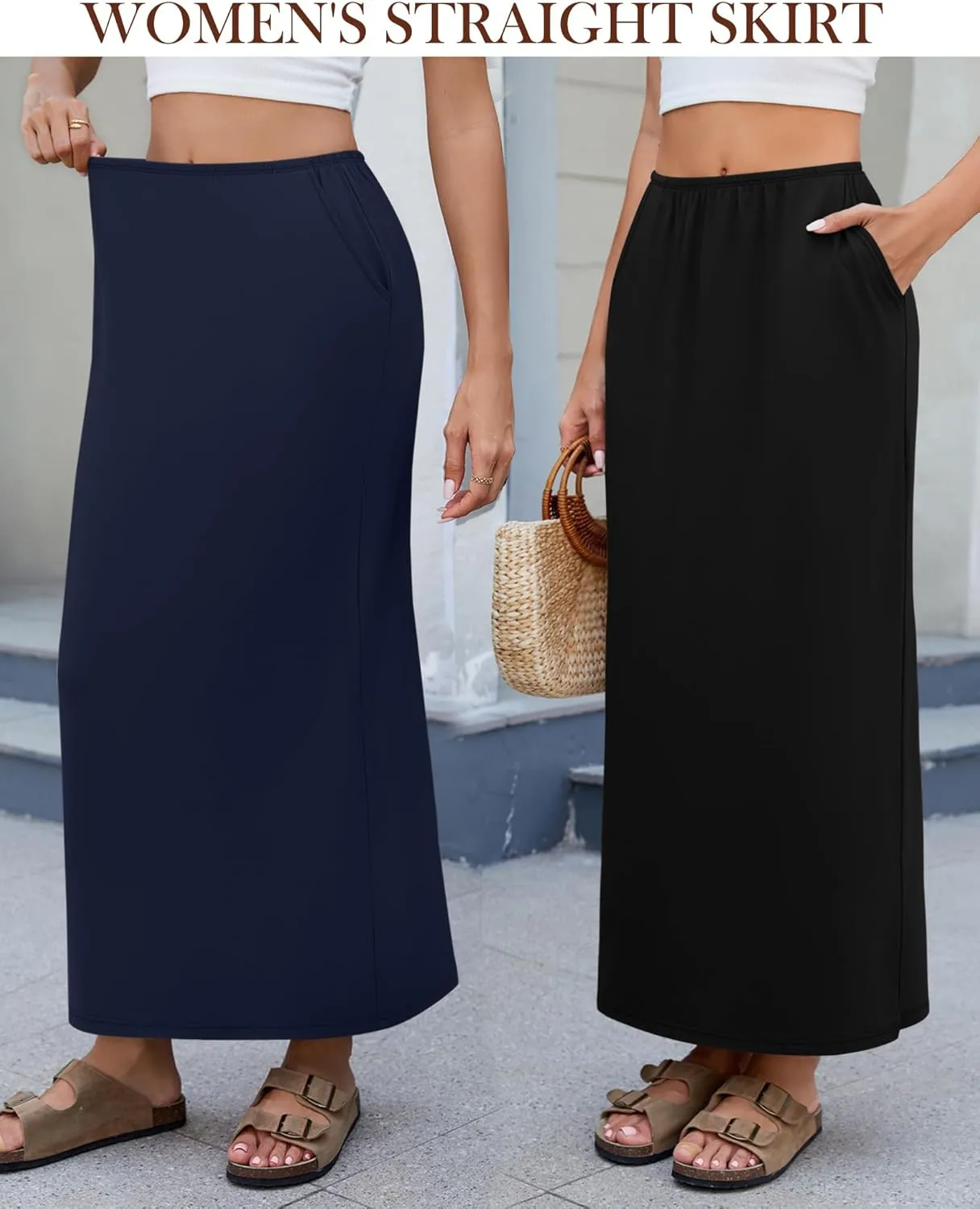 Huukeay 3 Pack Long Maxi Skirts for Women, Back Slit Ankle Length Casual Skirts Elastic Waist Soft Pencil Skirts with Pockets