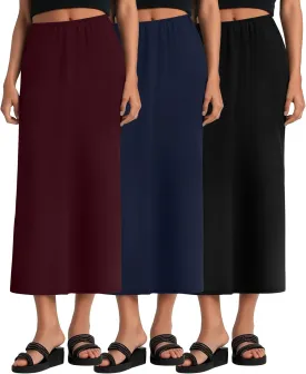 Huukeay 3 Pack Long Maxi Skirts for Women, Back Slit Ankle Length Casual Skirts Elastic Waist Soft Pencil Skirts with Pockets