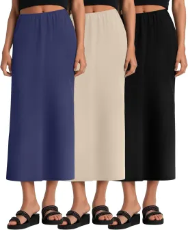 Huukeay 3 Pack Long Maxi Skirts for Women, Back Slit Ankle Length Casual Skirts Elastic Waist Soft Pencil Skirts with Pockets