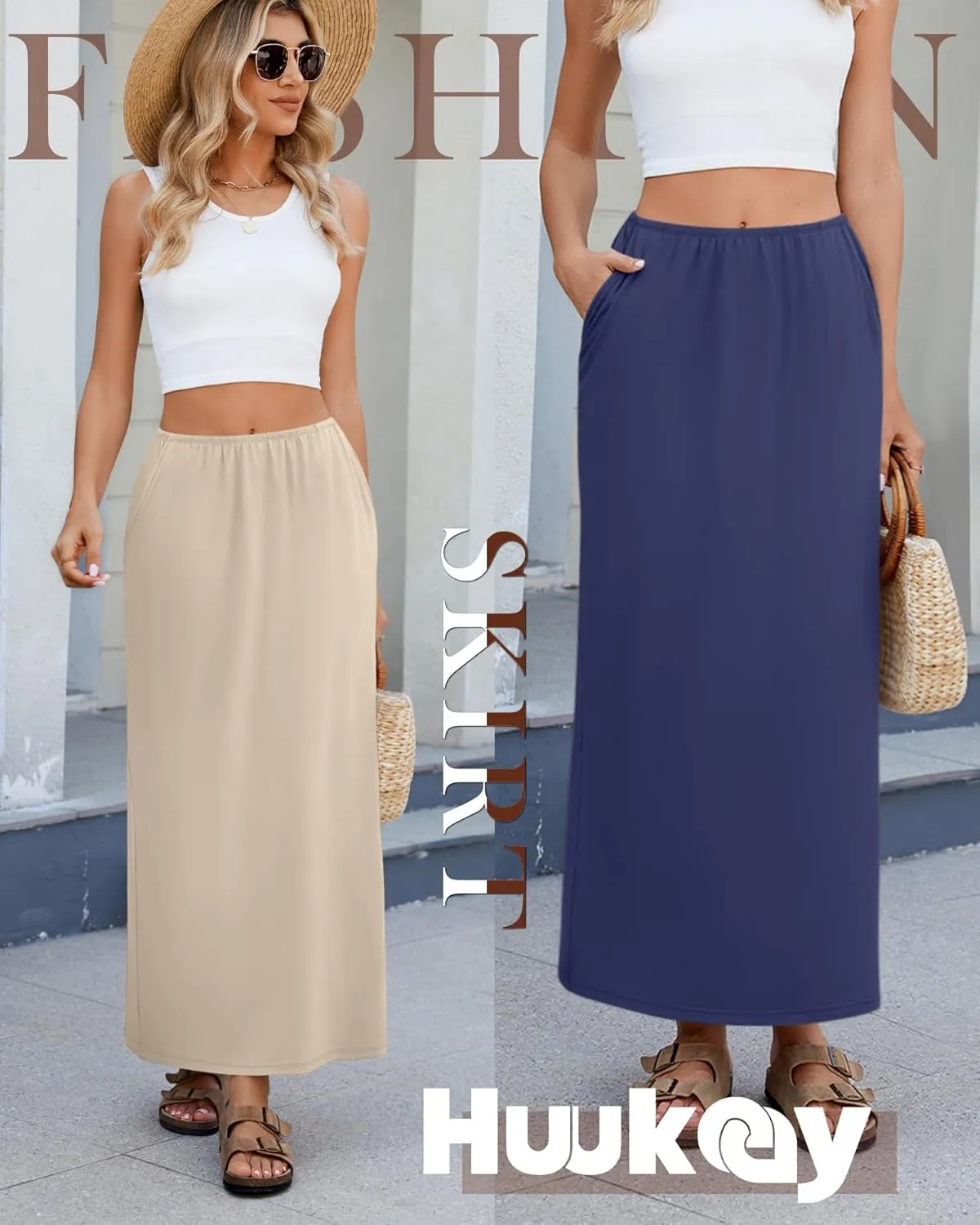 Huukeay 3 Pack Long Maxi Skirts for Women, Back Slit Ankle Length Casual Skirts Elastic Waist Soft Pencil Skirts with Pockets