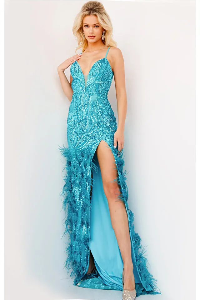 Jovani - 08340 - Turquoise High Slit Low Back Dress