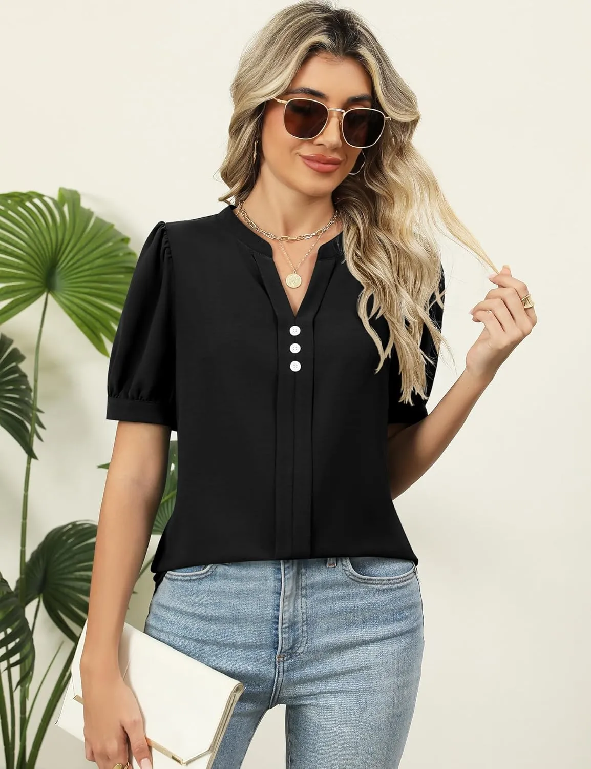 Kistore Womens Tops Dressy Casual Summer Chiffon Blouses V Neck Puff Sleeve Shirts Work Tops