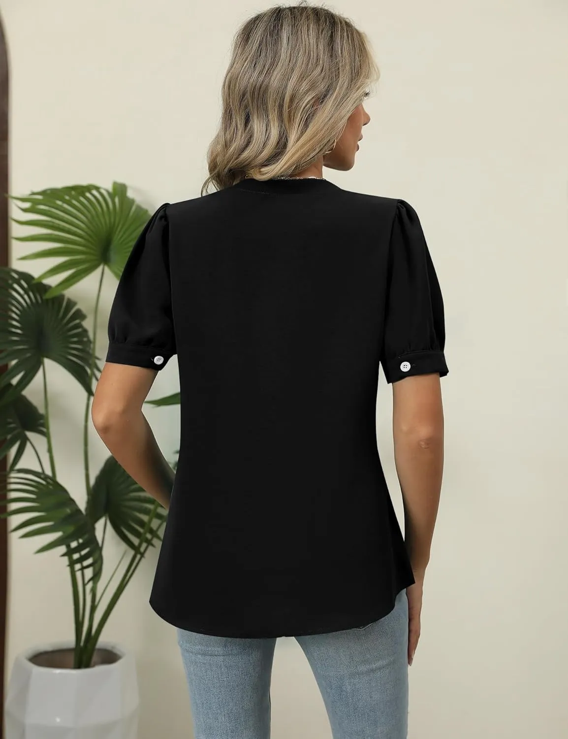 Kistore Womens Tops Dressy Casual Summer Chiffon Blouses V Neck Puff Sleeve Shirts Work Tops