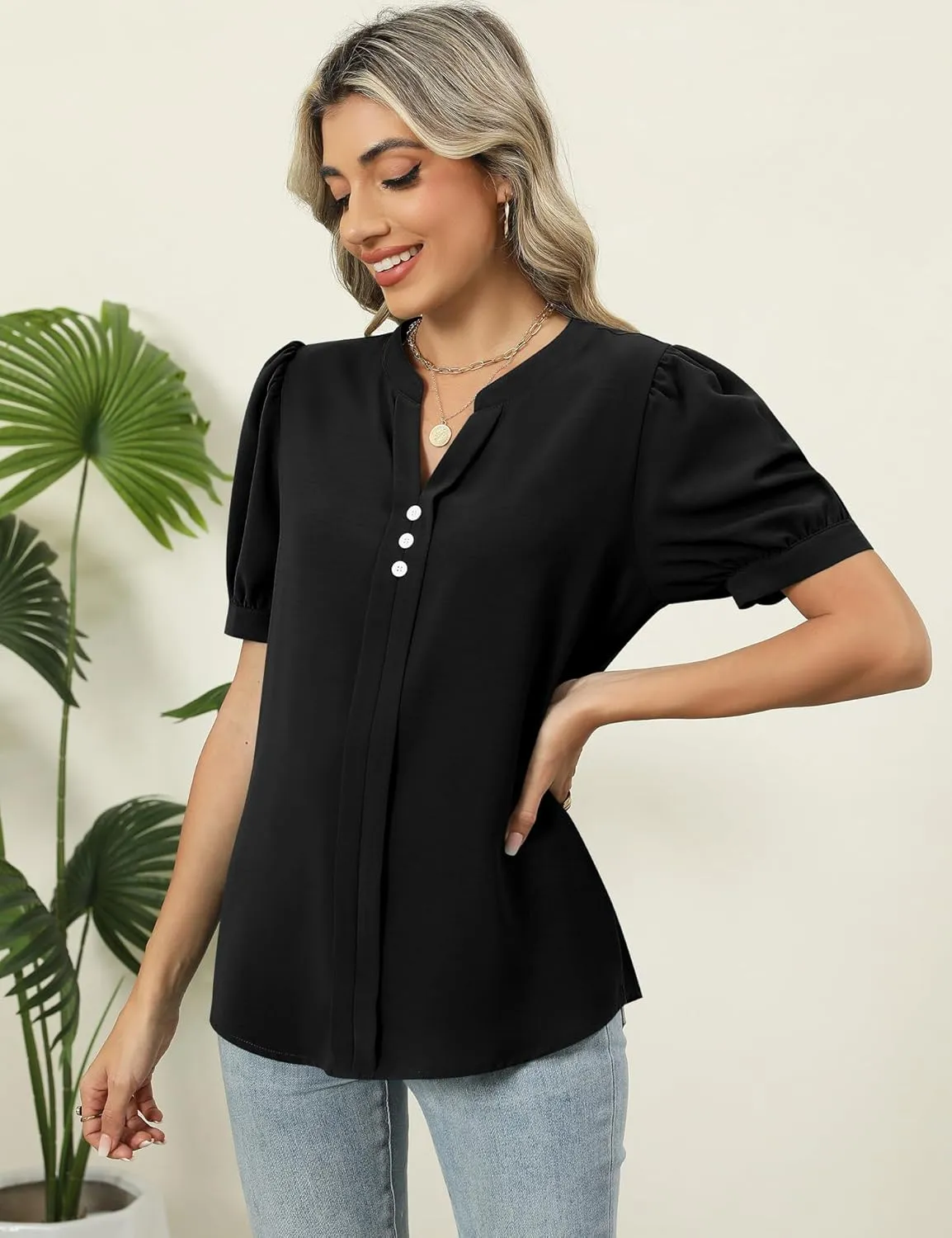 Kistore Womens Tops Dressy Casual Summer Chiffon Blouses V Neck Puff Sleeve Shirts Work Tops