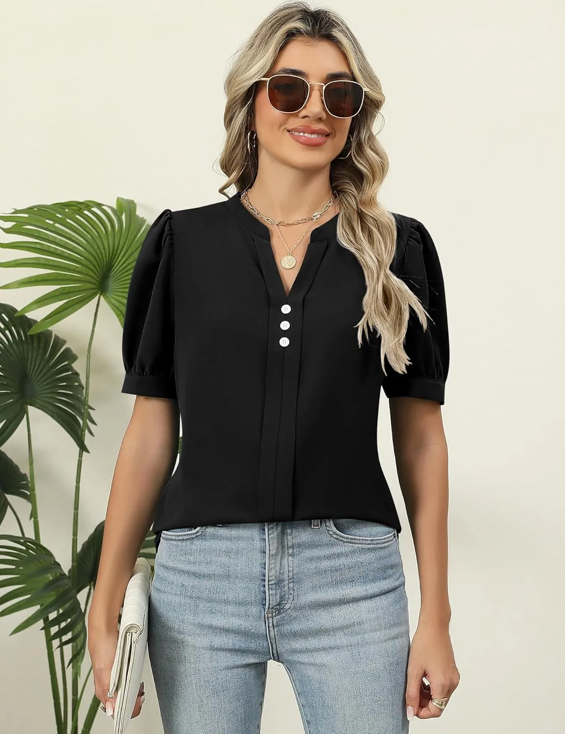 Kistore Womens Tops Dressy Casual Summer Chiffon Blouses V Neck Puff Sleeve Shirts Work Tops