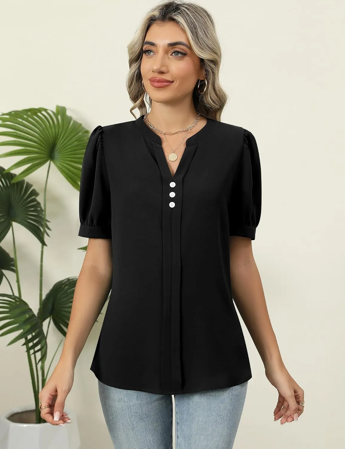 Kistore Womens Tops Dressy Casual Summer Chiffon Blouses V Neck Puff Sleeve Shirts Work Tops