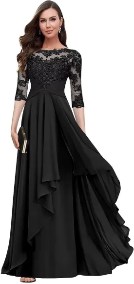 Lace Applique Mother of The Bride Dresses with 3/4 Sleeve Empire Waist Ruched Chiffon Formal Dresses for Wedding Guest