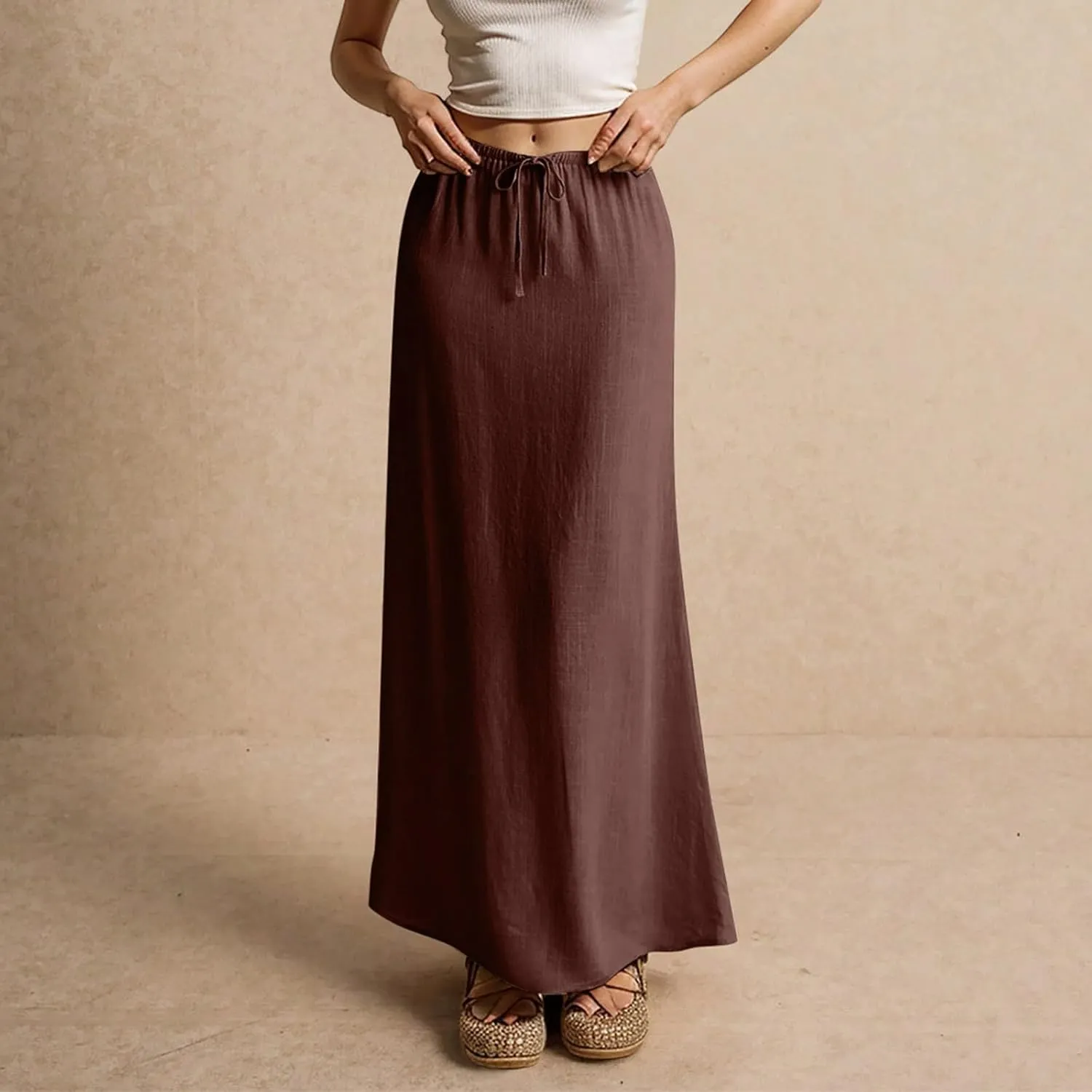 Linen Maxi Skirts for Women Summer 2025 Vacation Boho Skirt Comfy Drawstring Low Waist A Line Skirt Long Cover Ups