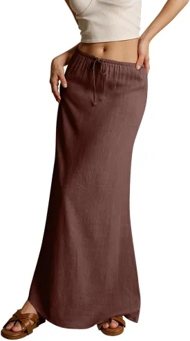 Linen Maxi Skirts for Women Summer 2025 Vacation Boho Skirt Comfy Drawstring Low Waist A Line Skirt Long Cover Ups