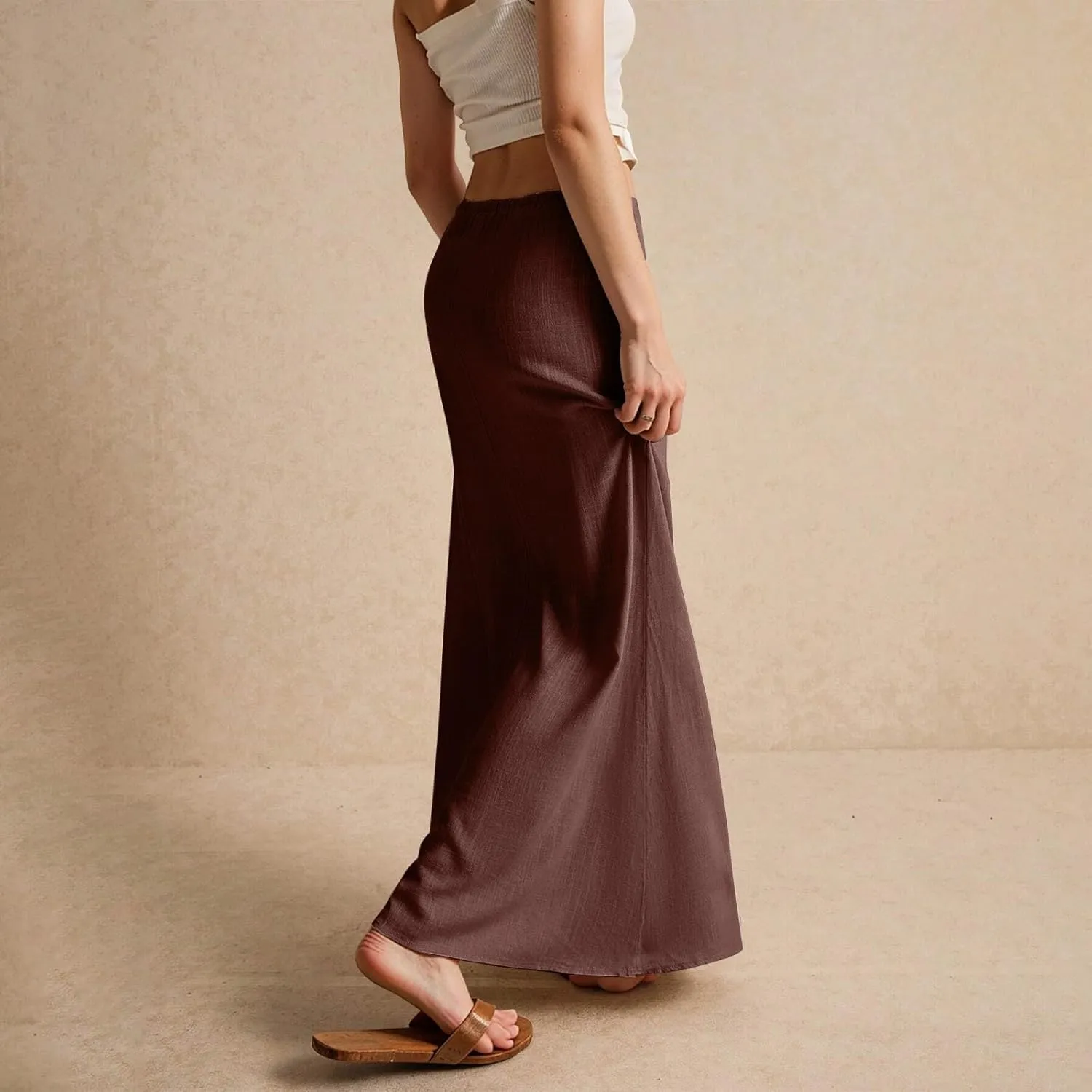 Linen Maxi Skirts for Women Summer 2025 Vacation Boho Skirt Comfy Drawstring Low Waist A Line Skirt Long Cover Ups