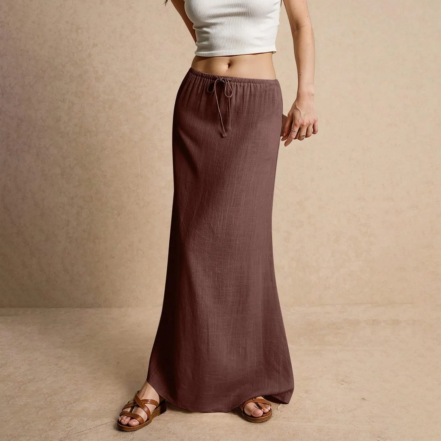 Linen Maxi Skirts for Women Summer 2025 Vacation Boho Skirt Comfy Drawstring Low Waist A Line Skirt Long Cover Ups