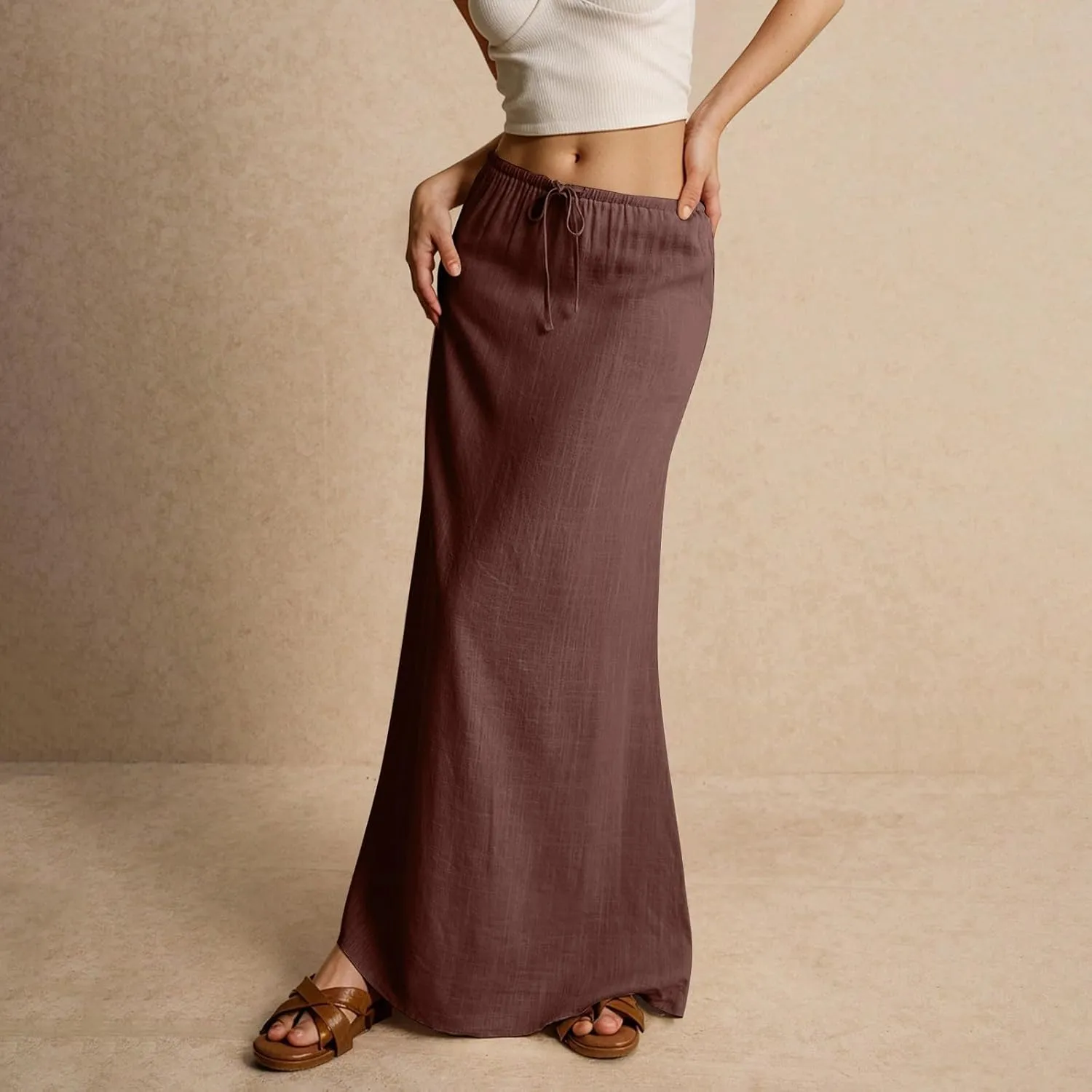 Linen Maxi Skirts for Women Summer 2025 Vacation Boho Skirt Comfy Drawstring Low Waist A Line Skirt Long Cover Ups