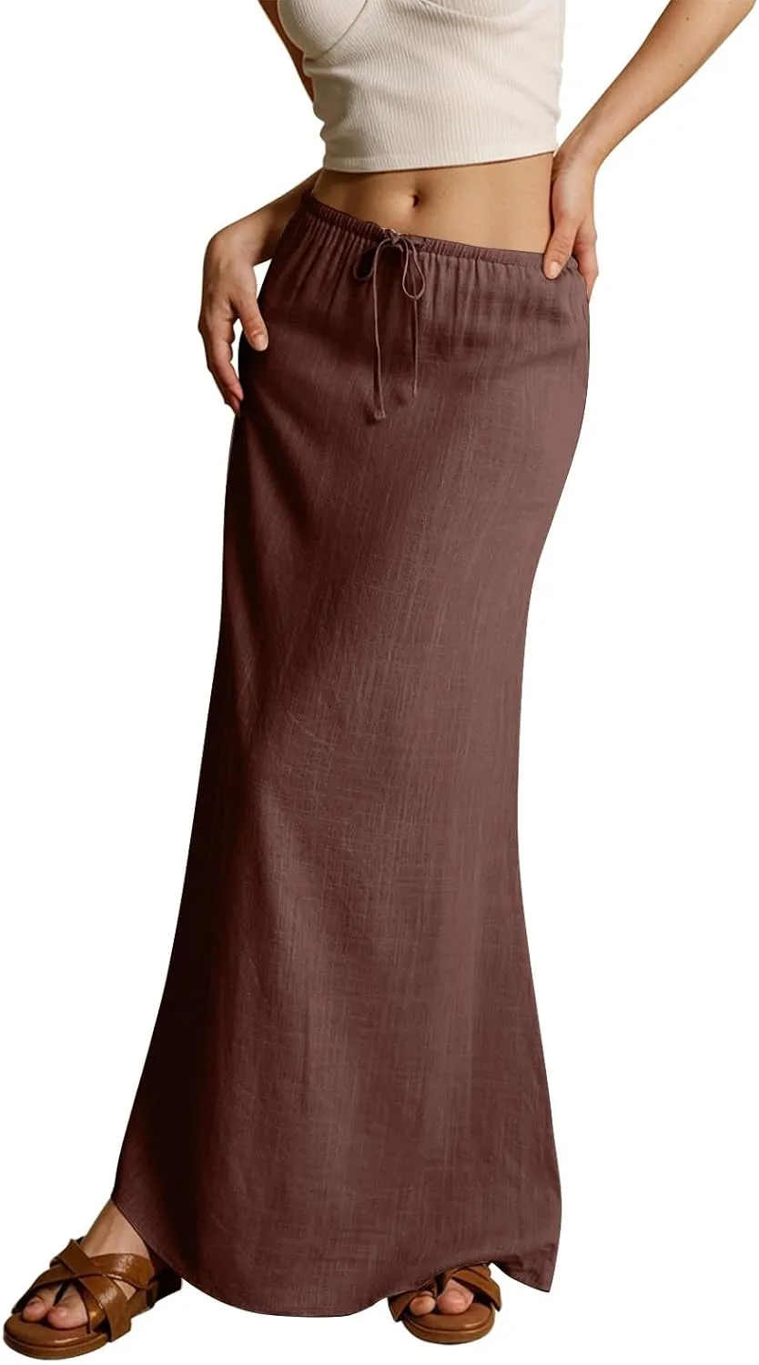 Linen Maxi Skirts for Women Summer 2025 Vacation Boho Skirt Comfy Drawstring Low Waist A Line Skirt Long Cover Ups