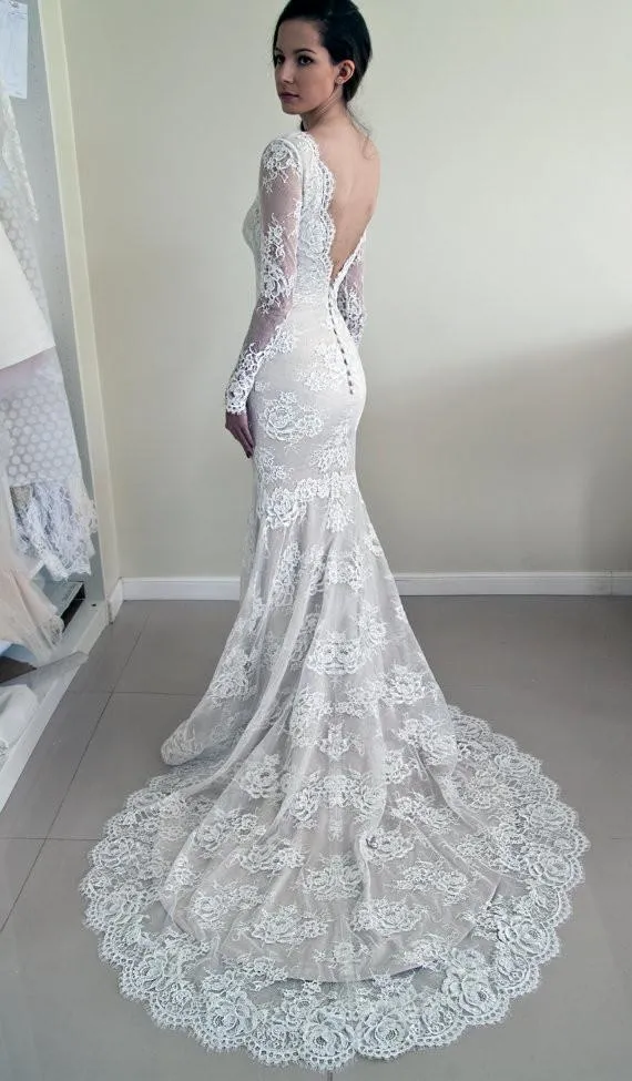 Long Sleeves Lace V-Back Elegant New Design Mermaid With Train Wedding Dresses,  WD0231