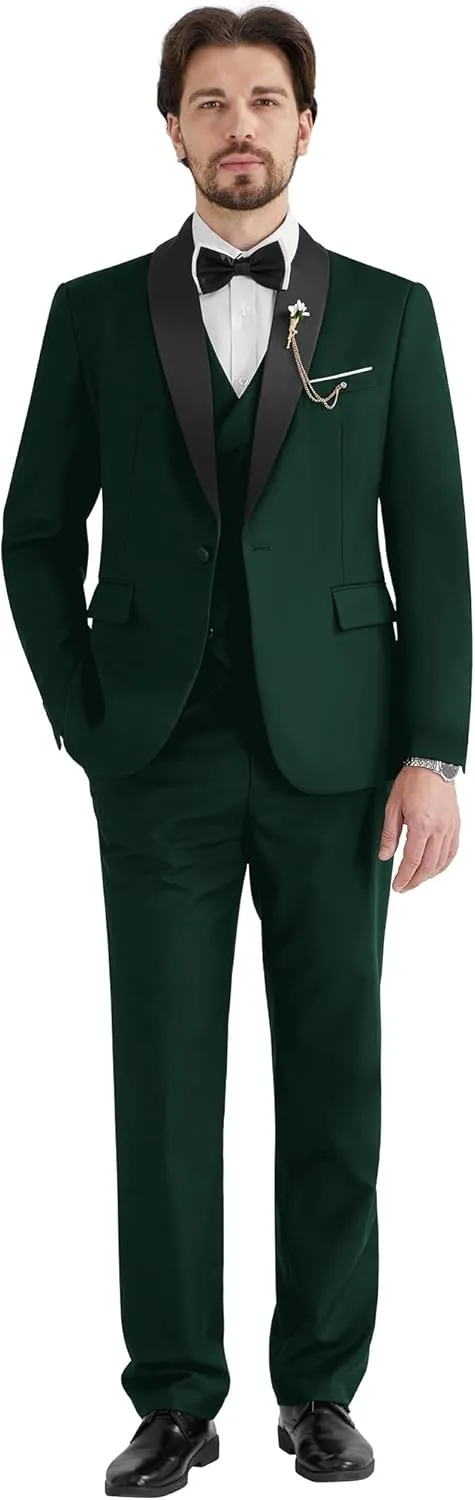 MAGE MALE Men's Slim Fit 3 Piece Suit One Button Solid Shawl Lapel Blazer Jacket Vest Pants Set with Tie Pocket Square