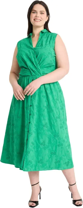 Maggy London Women's Sleeveless Eyelet Midi Wrap Bodice and Collared V-Neck-Embroidered Voile Summer Wedding Guest Dress